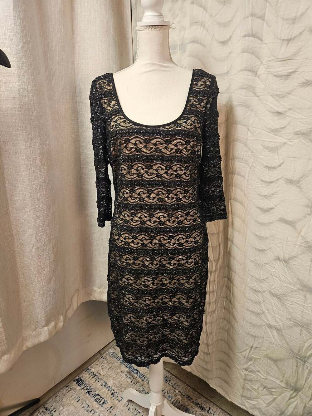 GUESS Lace Sheath Dress Black Nude Metallic